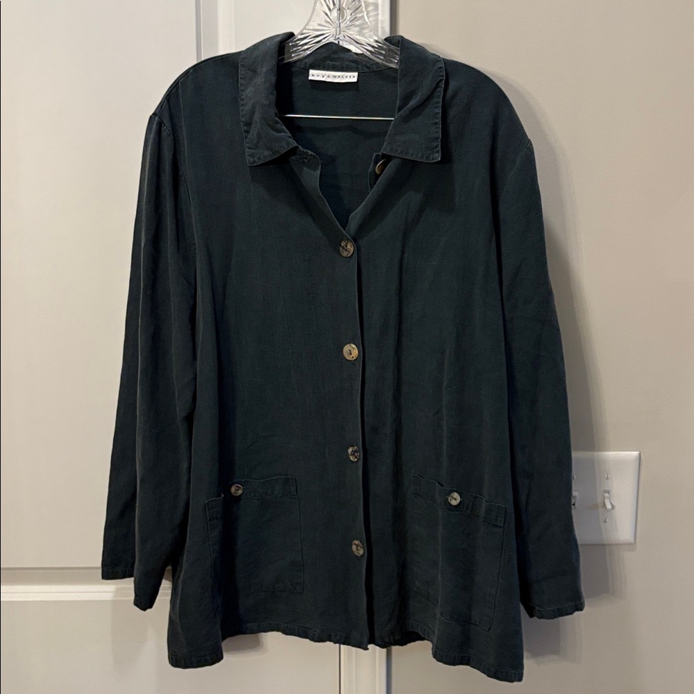 Bryn Walker Long Sleeve Button Up Jacket Size L Black Tencel Pockets Lagenlook